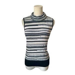ST. JOHN ✘ Black Striped Knit Mock Neck Sleeveless Metallic Sweater Sheer Top, S